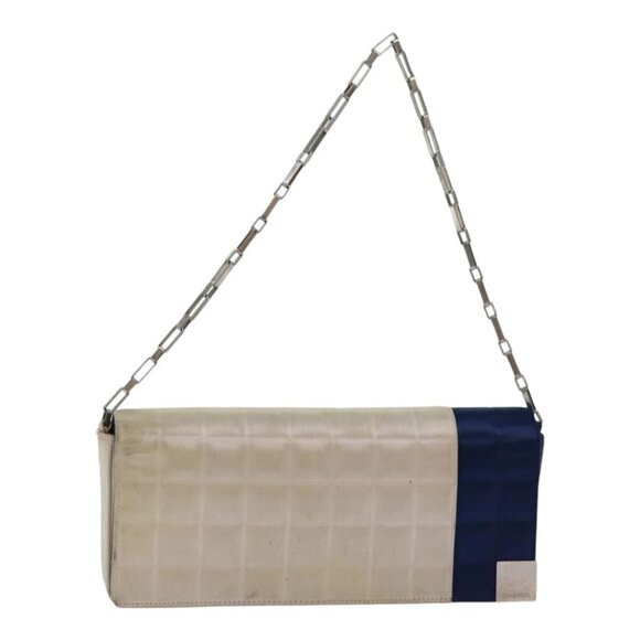 Share CHANEL Choco Bar Chain Hand Bag Satin Beige Navy CC Auth bs16725 - Picture 1 of 16